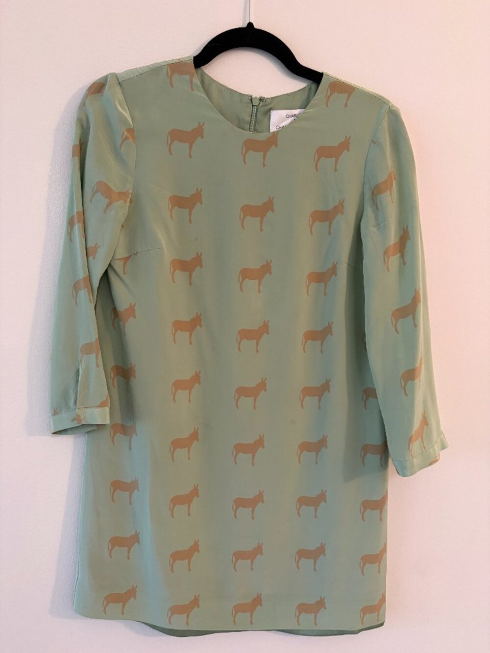 Anthropologie Charlotte Taylor Donkey Print 100% Silk Shift Dress Green Size 2